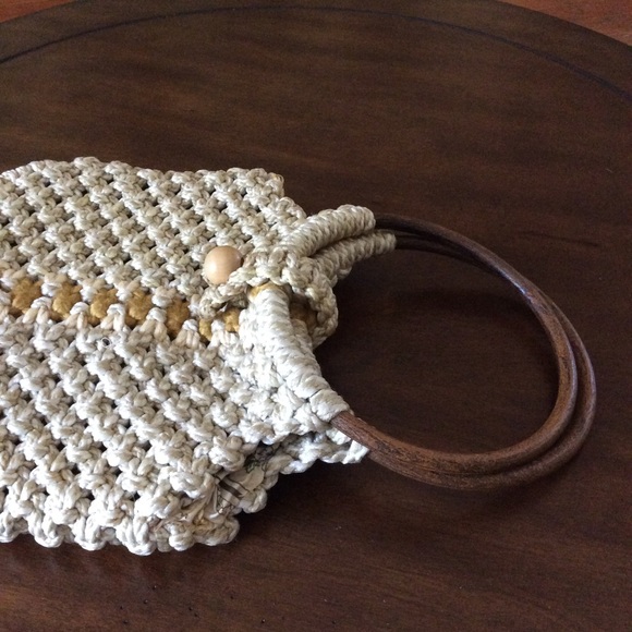 Vintage 1970s Handmade Macrame Wooden Handle Purse - Picture 10 of 11
